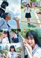 A collage of photos of a girl in a school uniform drinking milk.