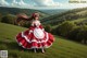 A woman in a red and white dress standing in a field.